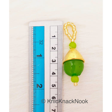 Green Beads Tassels Latkan, Indian Antique Distressed Latkans, Gold Beaded Danglers